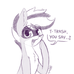 Size: 1024x1024 | Tagged: safe, artist:dsp2003, oc, oc:bandy cyoot, earth pony, original species, pony, raccoon pony, 2018, cute, female, looking at you, mare, monochrome, open mouth, simple background, single panel, sketch, white background