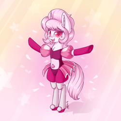 Size: 3072x3072 | Tagged: safe, artist:dsp2003, oc, oc only, oc:sakuragi-san, pony, unicorn, 2018, abstract background, bipedal, blushing, clothes, cosplay, costume, crossover, cute, diamond, dsp2003 is trying to murder us, female, flower petals, frog (hoof), gloves, looking at you, mare, open mouth, pink diamond, stars, steven universe, t pose, underhoof, updated