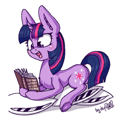 Size: 488x509 | Tagged: safe, artist:dsp2003, twilight sparkle, pony, unicorn, 2018, aggie.io, book, cute, female, mare, open mouth, parody, pillow, pixel art, twiabetes