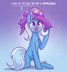 Size: 2282x2433 | Tagged: safe, artist:dsp2003, trixie, pony, unicorn, 2018, 30 minute art challenge, blushing, clothes, cute, diatrixes, ear fluff, female, gradient background, hat, horn, look at my horse, mare, mr weebl, open mouth, signature, smiling, solo, song reference, speech bubble, stars, trixie's hat