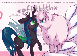 Size: 2304x1680 | Tagged: safe, artist:dsp2003, queen chrysalis, oc, oc:fluffle puff, changeling, changeling queen, pony, 2018, :p, angry, blushing, canon x oc, chrysipuff, comic, crying, cute, cutealis, female, flufflebetes, fun cave, hnnng, lesbian, mare, narration, nose to nose, onomatopoeia, pillow, pillow fort, shipping, signature, silly, single panel, text, tongue out