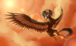 Size: 3280x2000 | Tagged: safe, artist:leawarriors, derpibooru import, oc, pegasus, pony, arttrade, cloud, flying, light, solo, sun, sunset