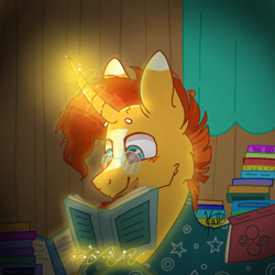 Size: 768x768 | Tagged: safe, artist:valkiria, derpibooru import, sunburst, unicorn, beard, blanket, blushing, book, curtains, cute, ear fluff, facial hair, fluffy, glasses, glowing horn, happy, horn, magic, messy mane, reading, reading a book, smiling, stars