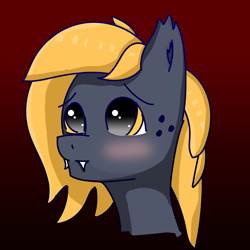 Size: 2400x2400 | Tagged: safe, artist:tav, derpibooru import, oc, oc:seira, bat pony, pony, blushing, bust, ear fluff, fangs, simple background, solo