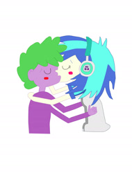 Size: 2069x2728 | Tagged: safe, derpibooru import, dj pon-3, spike, vinyl scratch, equestria girls, blushing, female, hug, human spike, kissing, male, remake, shipping, spike gets all the equestria girls, straight, vinylspike