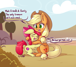 Size: 2162x1906 | Tagged: safe, artist:dsp2003, apple bloom, applejack, earth pony, pony, 2018, 30 minute art challenge, accent, adorabloom, applebetes, blushing, cloud, comic, cowboy hat, cute, cutie mark, daaaaaaaaaaaw, day, dsp2003 is trying to murder us, duo, duo female, ear fluff, eyes closed, female, filly, floppy ears, foal, hat, hooves, hug, jackabetes, mare, open mouth, signature, single panel, sisterly love, sisters, speech bubble, sweet apple acres, teeth, tree, wholesome