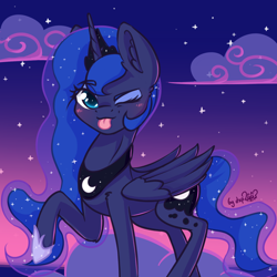 Size: 1280x1280 | Tagged: safe, artist:dsp2003, princess luna, alicorn, pony, 2018, 30 minute art challenge, :p, blushing, cloud, cute, female, hnnng, looking at you, lunabetes, mare, night, one eye closed, raised hoof, signature, silluna, silly, tongue out, wink