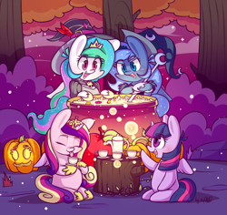 Size: 2356x2221 | Tagged: safe, artist:dsp2003, princess cadance, princess celestia, princess luna, twilight sparkle, twilight sparkle (alicorn), alicorn, firefly (insect), pony, 2018, :3, apple, bipedal, blushing, cauldron, chibi, clothes, cloud, costume, crown, cup, cute, drinking, dsp2003 is trying to murder us, eyes closed, eyeshadow, female, food, forest, halloween, halloween 2018, hat, holiday, hoof hold, hoof shoes, horn, jack-o-lantern, jewelry, lifeloser-ish, looking at something, makeup, mare, night, open mouth, poofy shoulders, pumpkin, regalia, s1 luna, signature, sitting, smiling, standing, stars, teacup, tongue out, tree, tree stump, wings, witch hat