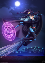 Size: 4128x5790 | Tagged: safe, artist:mauroz, derpibooru import, trixie, human, anime, bodysuit, cape, city, cloak, clothes, hat, humanized, magic, magic wand, magician outfit, moon, night, runes, solo