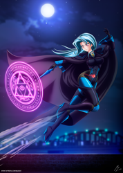 Size: 4128x5790 | Tagged: safe, alternate version, artist:mauroz, derpibooru import, trixie, human, anime, bodysuit, cape, city, cloak, clothes, hat, humanized, magic, magic wand, magician outfit, moon, night, runes, solo