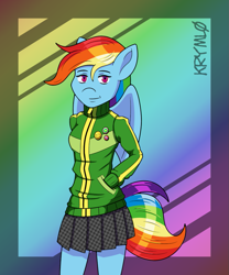 Size: 833x1000 | Tagged: safe, artist:crystalred, derpibooru import, rainbow dash, anthro, chie satonaka, clothes, cosplay, costume, crossover, persona, persona 4, skirt, sweater, tomboy