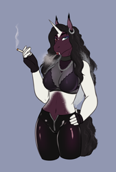 Size: 2096x3098 | Tagged: safe, artist:blackblood-queen, derpibooru import, oc, oc only, oc:demetrius crow, anthro, bat pony, hybrid, unguligrade anthro, unicorn, anthro oc, bat pony unicorn, belly button, breasts, cigarette, clothes, digital art, ear piercing, fangs, female, heterochromia, horn, mare, piercing, simple background, solo, unicorn oc