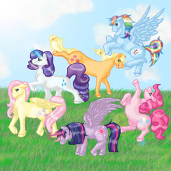 Size: 2000x2000 | Tagged: safe, artist:tsunaamii, derpibooru import, applejack, fluttershy, pinkie pie, rainbow dash, rarity, twilight sparkle, twilight sparkle (alicorn), alicorn, earth pony, pegasus, pony, unicorn, day, flying, mane six