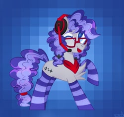 Size: 2047x1932 | Tagged: safe, artist:n in a, derpibooru import, oc, oc only, oc:cinnabyte, earth pony, pony, :p, adorkable, bandana, chest fluff, clothes, cute, dork, gaming headset, glasses, headphones, headset, one eye closed, smiling, socks, striped socks, tongue out, wink