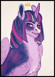 Size: 1036x1450 | Tagged: safe, artist:theartfox2468, derpibooru import, twilight sparkle, twilight sparkle (alicorn), alicorn, pony, :p, alternate design, border, bust, chest fluff, crown, female, fluffy, jewelry, mare, mlem, rainbow power, regalia, silly, simple background, solo, tongue out, white background