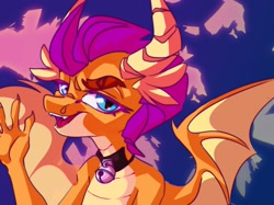 Size: 2048x1534 | Tagged: safe, artist:dodsie, derpibooru import, smolder, dragon, abstract background, bell, bell collar, collar, dragoness, female, looking at you, solo