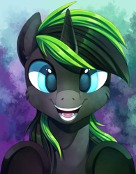 Size: 1820x2336 | Tagged: safe, artist:breioom, derpibooru import, oc, oc only, oc:vortex zero, horse, pony, unicorn, abstract background, bust, commission, cute, fluffy, male, open mouth, painting, portrait, smiling at you, solo, stallion, underhoof