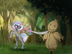 Size: 1920x1440 | Tagged: safe, artist:kxttponies, derpibooru import, oc, oc:little bel, changepony, hybrid, levitation, magic, solo, sword, telekinesis, training dummy, weapon, x eyes