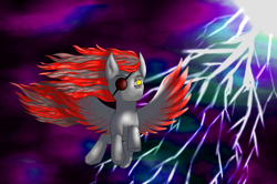 Size: 3002x1994 | Tagged: safe, artist:sane, derpibooru import, oc, pegasus, flying, lightning, pegasus oc, scar, sky, solo, wings