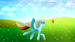 Size: 3920x2196 | Tagged: safe, artist:sane, derpibooru import, oc, butterfly, pegasus, happy, pegasus oc, running, solo, wings