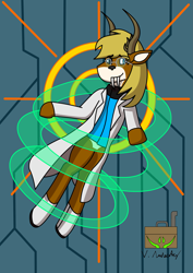 Size: 2481x3506 | Tagged: safe, artist:vol_audacity, derpibooru import, oc, oc:leviathan "vol" audacity, deer, deer pony, original species, cel shading, clothes, glasses, lab coat, shading, smiling, solo