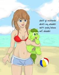 Size: 878x1101 | Tagged: safe, artist:carpdime, derpibooru import, oc, oc only, oc:avocado, fluffy pony, human, absolute cleavage, beach, belly button, bikini, bikini top, breasts, cleavage, clothes, cute, hugbox, shorts, sports shorts, swimsuit