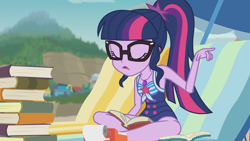 Size: 3000x1687 | Tagged: safe, derpibooru import, edit, edited screencap, screencap, sci-twi, twilight sparkle, better together, equestria girls, friendship math, adding machine, beach chair, book, clothes, cute, female, geode of telekinesis, glasses, legs, magical geodes, paper, ponytail, sleeveless, solo, swimsuit, thighs, twiabetes, umbrella