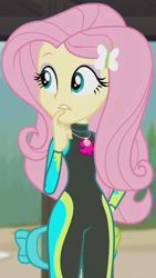 Size: 868x1541 | Tagged: safe, derpibooru import, screencap, fluttershy, better together, equestria girls, unsolved selfie mysteries, beach, clothes, cropped, diving goggles, diving suit, geode of fauna, magical geodes, snorkel, solo, swimsuit, wetsuit