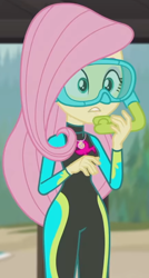 Size: 824x1541 | Tagged: safe, derpibooru import, screencap, fluttershy, better together, equestria girls, unsolved selfie mysteries, beach, clothes, cropped, diving goggles, diving suit, geode of fauna, magical geodes, snorkel, solo, swimsuit, wetsuit