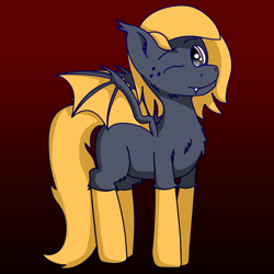 Size: 2400x2400 | Tagged: safe, artist:tav, derpibooru import, oc, oc:seira, bat pony, pony, bat wings, chest fluff, clothes, ear fluff, fangs, fluffy, one eye closed, simple background, socks, solo, wings, wink