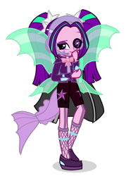 Size: 1241x1732 | Tagged: safe, artist:starflashing twinkle, derpibooru import, aria blaze, equestria girls, bow, cute, disguise, disguised siren, fin wings, fish tail, fishnet stockings, garters, headset, looking at you, monocle, simple background, solo, standing, transparent background, wings