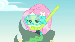 Size: 1920x1080 | Tagged: safe, derpibooru import, screencap, fluttershy, better together, equestria girls, forgotten friendship, clothes, goggles, lidded eyes, snorkel, solo, swimsuit, wet hair, wetsuit