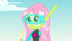 Size: 1920x1080 | Tagged: safe, derpibooru import, screencap, fluttershy, better together, equestria girls, forgotten friendship, clothes, cute, goggles, shyabetes, snorkel, solo, swimsuit, wet, wet hair, wetsuit