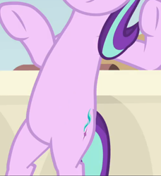 Size: 658x722 | Tagged: safe, derpibooru import, screencap, starlight glimmer, pony, unicorn, a horse shoe-in, belly, bipedal, bipedal leaning, cropped, leaning, pictures of bellies, solo