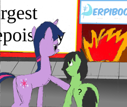 Size: 2549x2139 | Tagged: safe, artist:anonymous, derpibooru import, twilight sparkle, oc, oc:anon filly, earth pony, pony, unicorn, art pack:marenheit 451, the end of derpibooru, /mlp/, and nothing of value was lost, derpibooru, female, filly, fire, mare, meta, the critic
