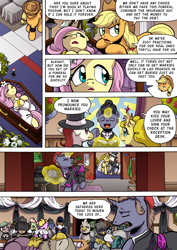 Size: 1204x1700 | Tagged: safe, artist:tarkron, derpibooru import, applejack, fluttershy, earth pony, griffon, pegasus, pony, unicorn, comic:what happens in las pegasus, casket, eyes closed, fake death, funeral, magic, marriage, one eye closed, playing dead, priest, telekinesis, wedding