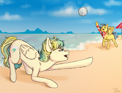 Size: 3000x2280 | Tagged: safe, artist:sad_smoker, derpibooru import, oc, oc only, oc:cloudy zap, oc:sora seeds, pegasus, pony, ball, beach, commission, duo, ear piercing, earring, eyebrow piercing, female, icey-verse, jewelry, magical gay spawn, mare, multicolored hair, offspring, open mouth, parent:braeburn, parent:sky stinger, parent:soarin', parent:vapor trail, parents:soarburn, parents:vaporsky, piercing, raised hoof, raised leg, sand, sports, summer, tattoo, umbrella, underhoof, volleyball, water, ych result