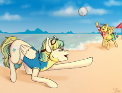 Size: 3000x2280 | Tagged: safe, alternate version, artist:sad_smoker, derpibooru import, oc, oc only, oc:cloudy zap, oc:sora seeds, pegasus, pony, ball, beach, clothes, commission, duo, ear piercing, earring, eyebrow piercing, female, goggles, icey-verse, jewelry, magical gay spawn, mare, multicolored hair, offspring, open mouth, parent:braeburn, parent:sky stinger, parent:soarin', parent:vapor trail, parents:soarburn, parents:vaporsky, piercing, raised hoof, raised leg, sand, shorts, sports, summer, swimming trunks, tattoo, trunks, umbrella, underhoof, uniform, volleyball, water, wonderbolt trainee uniform, wonderbolts, ych result