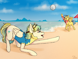 Size: 3000x2280 | Tagged: safe, alternate version, artist:sad_smoker, derpibooru import, oc, oc only, oc:cloudy zap, oc:sora seeds, pegasus, pony, ball, beach, clothes, commission, duo, ear piercing, earring, eyebrow piercing, female, goggles, icey-verse, jewelry, magical gay spawn, mare, multicolored hair, offspring, open mouth, parent:braeburn, parent:sky stinger, parent:soarin', parent:vapor trail, parents:soarburn, parents:vaporsky, piercing, raised hoof, raised leg, sand, sports, summer, tattoo, umbrella, underhoof, uniform, volleyball, water, wonderbolt trainee uniform, wonderbolts, ych result