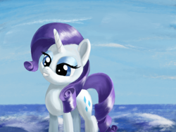 Size: 2240x1680 | Tagged: safe, artist:flusanix, derpibooru import, rarity, pony, unicorn, female, grin, mare, scenery, smiling, solo, water