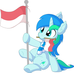 Size: 6511x6359 | Tagged: safe, artist:cyanlightning, derpibooru import, oc, oc:cyan lightning, pony, unicorn, .svg available, absurd resolution, colt, flag, flag pole, indonesia, indonesian, indonesian independence day, male, mouth hold, simple background, sitting, solo, transparent background, vector