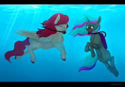 Size: 2168x1513 | Tagged: safe, artist:nyota71, derpibooru import, oc, oc:frosty, oc:kat, pegasus, pony, unicorn, bubble, colored hooves, colored pupils, commission, diving, female, females only, looking at you, mare, one eye closed, scuba, scuba diving, stripes, swimming, under the sea, underwater, water