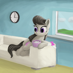 Size: 4000x4000 | Tagged: safe, artist:flusanix, derpibooru import, octavia melody, earth pony, pony, clock, female, food, looking at something, mare, popcorn, relaxing, sofa, solo, window