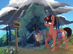 Size: 1622x1200 | Tagged: safe, artist:sepistys, derpibooru import, oc, oc only, pony, unicorn, bag, cloud, cloven hooves, crepuscular rays, fence, flower, forest, map, road sign, saddle bag, solo, tree