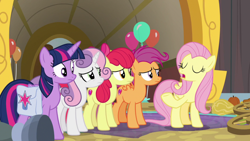 Size: 1920x1080 | Tagged: safe, derpibooru import, screencap, apple bloom, fluttershy, scootaloo, sweetie belle, twilight sparkle, twilight sparkle (alicorn), alicorn, pegasus, pony, growing up is hard to do, bag, cutie mark crusaders, older, saddle bag