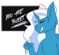 Size: 921x867 | Tagged: safe, artist:giantfloatinggoat, derpibooru import, oc, oc:fleurbelle, alicorn, anthro, alicorn oc, bow, chalk, chalkboard, cheek fluff, cute, ear fluff, female, hair bow, horn, mare in the moon, moon, simple background, transparent background, wings