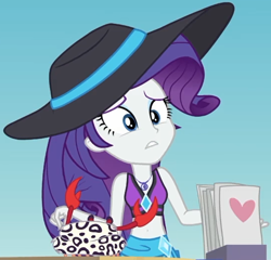 Size: 1620x1553 | Tagged: safe, derpibooru import, screencap, rarity, crab, better together, equestria girls, too hot to handle, beach, beach babe, belly button, bikini, bikini babe, bikini top, clothes, cropped, cute, female, geode of shielding, hat, jewelry, magical geodes, makeup, midriff, necklace, pearl necklace, raribetes, sarong, smiling, solo, sun hat, swimsuit, tiara