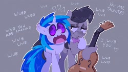 Size: 1920x1080 | Tagged: safe, artist:another_pony, derpibooru import, dj pon-3, octavia melody, vinyl scratch, earth pony, pony, unicorn, bowtie, broken instrument, cello, cute, dialogue, female, gray background, heart, hoof around neck, hug, i wub you, lesbian, mare, musical instrument, open mouth, scratchtavia, shipping, simple background, tavibetes, teary eyes, vinylbetes, wub