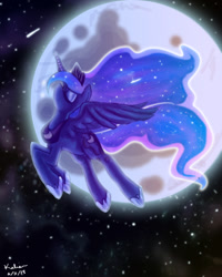 Size: 576x720 | Tagged: safe, artist:pixxlsugr, derpibooru import, princess luna, alicorn, pony, female, flying, full moon, mare, moon, night, profile, sky, solo, starry night, stars