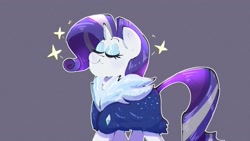 Size: 1920x1080 | Tagged: safe, artist:another_pony, derpibooru import, rarity, pony, unicorn, the last problem, chest fluff, cloak, clothes, eyes closed, eyeshadow, female, gray background, makeup, mare, older, older rarity, simple background, skunk stripe, smiling, solo, sparkles